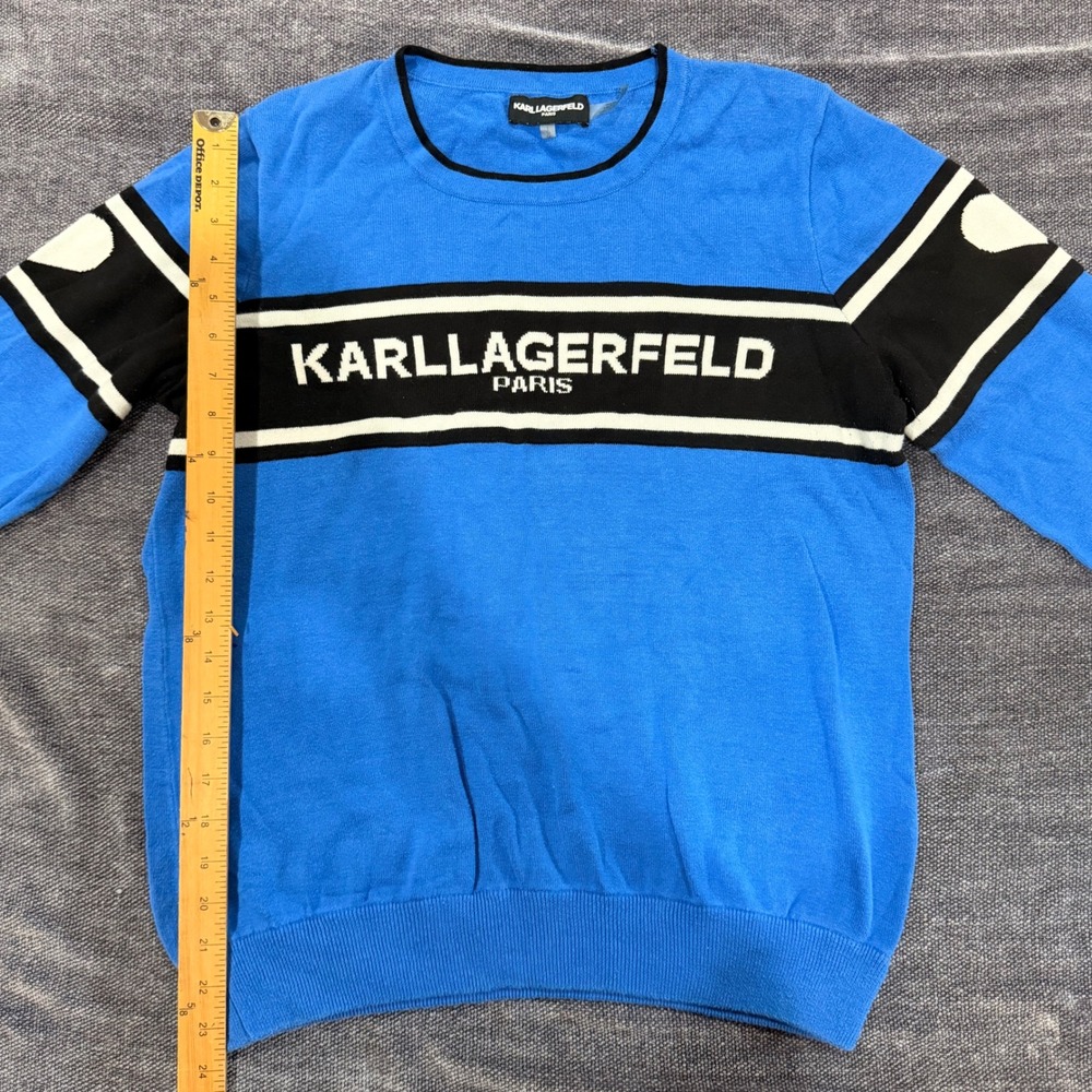 Karl Lagerfeld Paris Mens Blue Logo Knit Sweater Crew Nck Lrge L Striped Sleeve